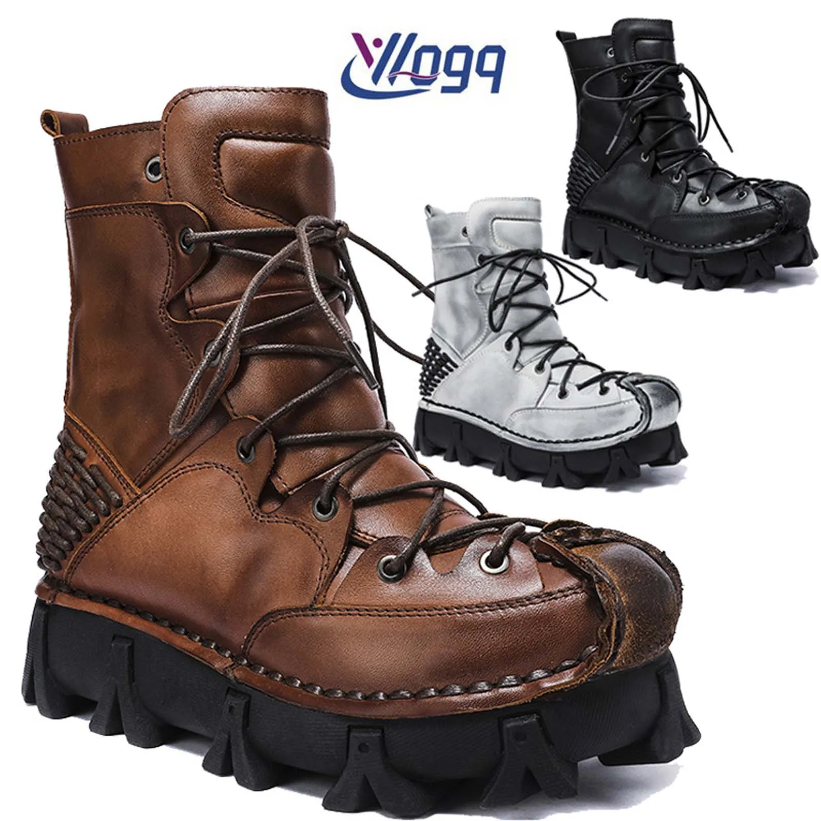 Sewing Knit - Botas de motocicleta de cuero genuino